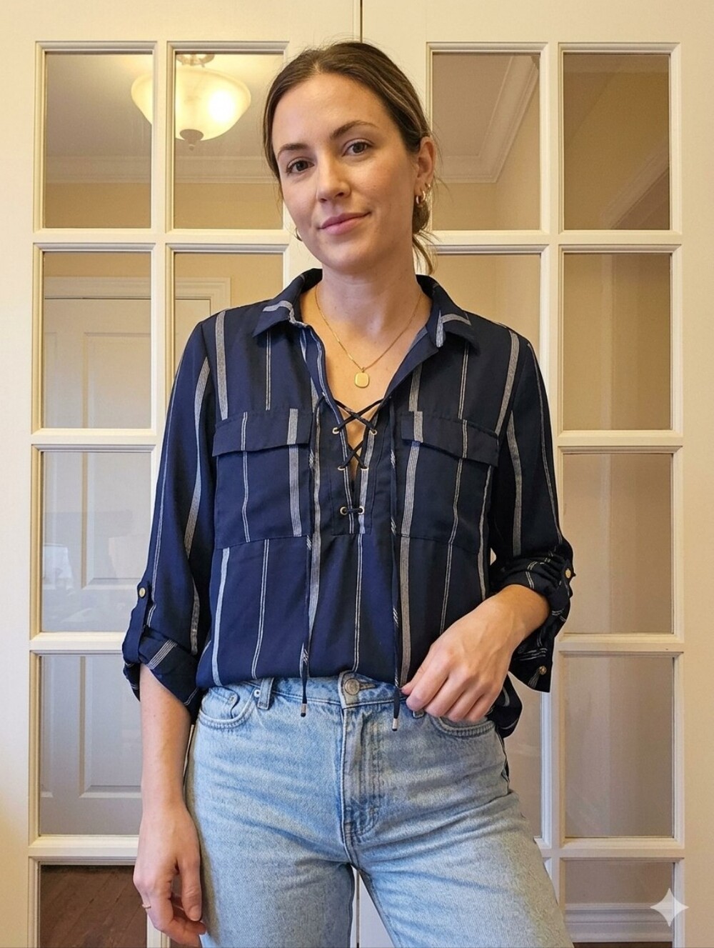 Blue and white striped blouse